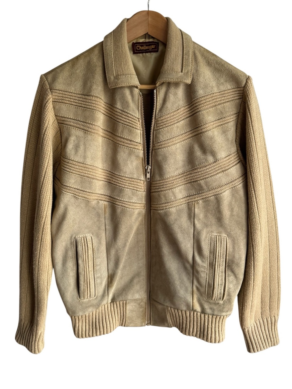 Retro Challenger Suede Leather Knit Bomber Jacket Mens M Tan Beige Zip Front